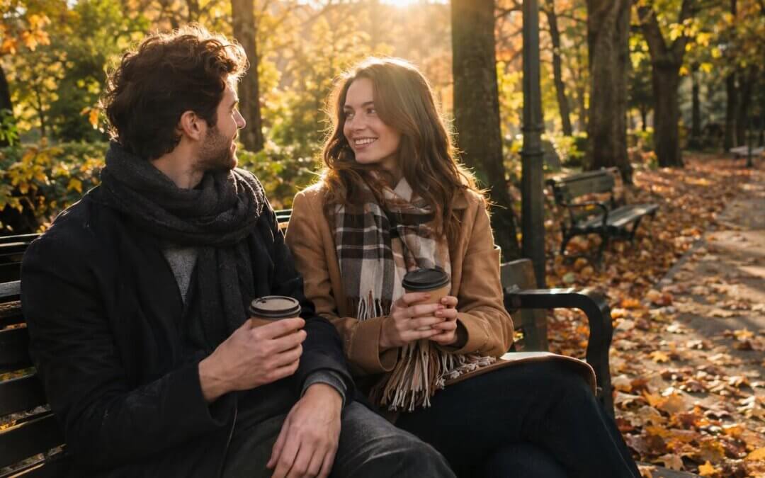 cuffing season - couple sharing coffee on an autumn walk